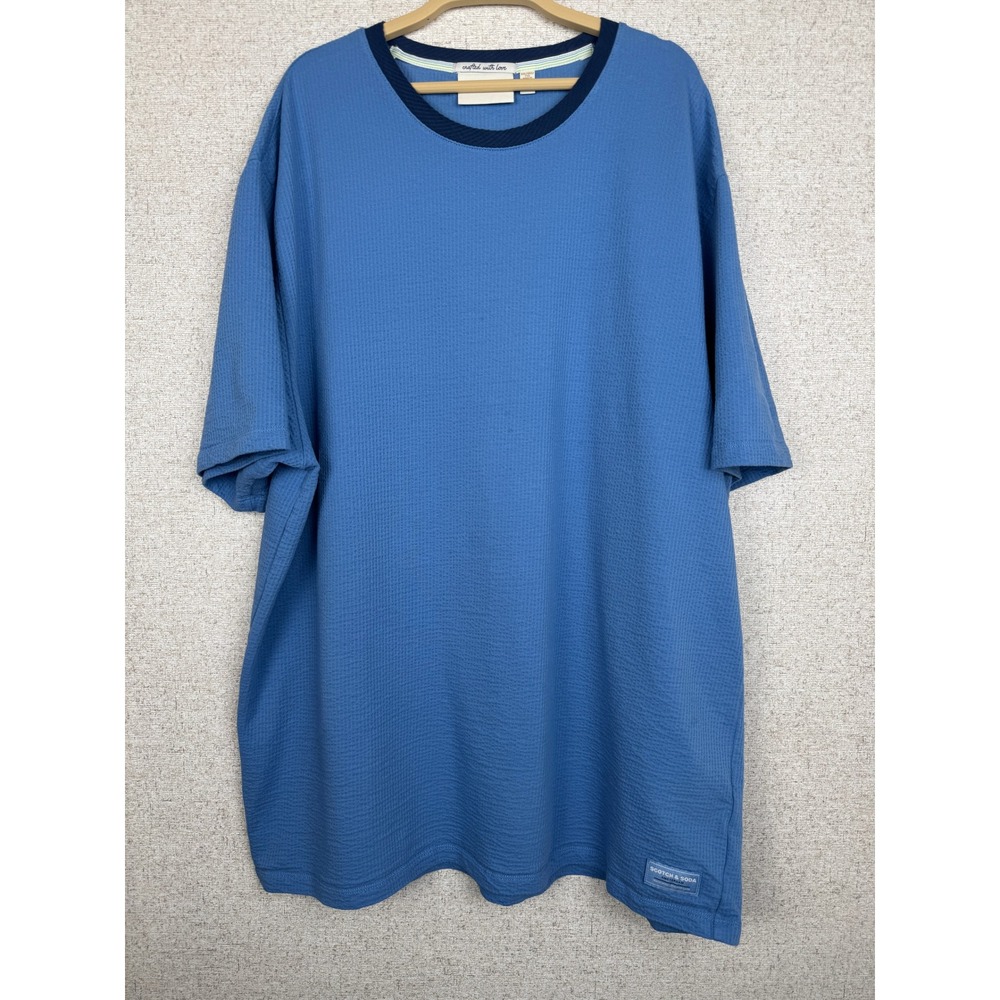 Scotch & Soda Mens XXL Blue Waffle Knit Short Sleeve Tee Contrast Navy Collar